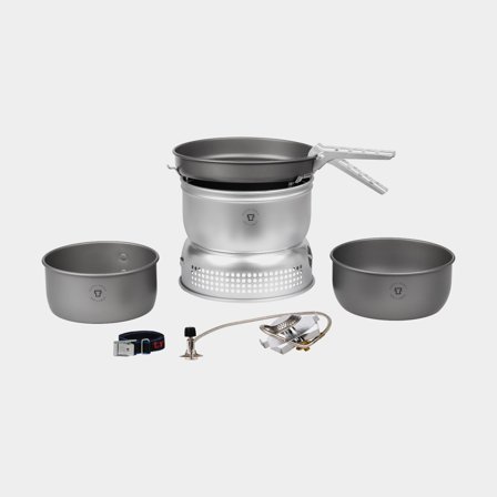Cocina portátil de gas / cocina de tormenta Trangia 25 Large, 2100 W + 2 ollas, 1 sartén en aluminio HA / anodizado duro + cortavientos en aluminio UL