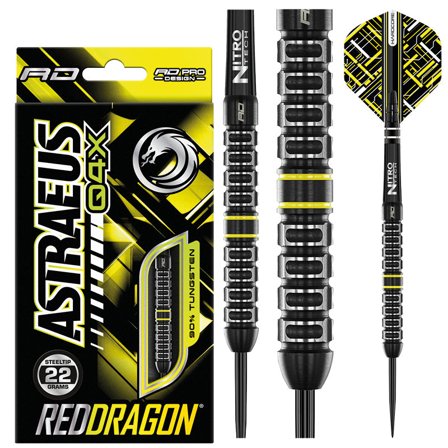 Red Dragon Darts Astraeus Q4X Parallel Steel Tip Darts - 90% Tungsten - Black/Yellow - 22g/24g/26g - Pro Darts Flights Hardcore