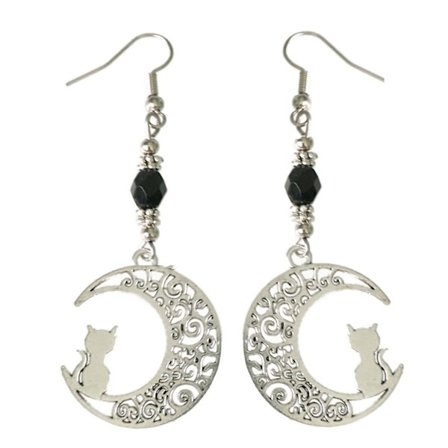 Earrings - Cat - Crescent Moon - Bead - Black