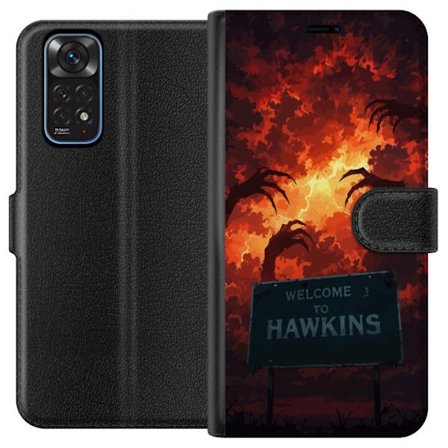 Kompatibel Tegnebogsetui til Xiaomi Redmi Note 11 Mørk apokalyptisk fantasy scene med brændende himmel og Hawkins-skilt i Stranger Things-stil