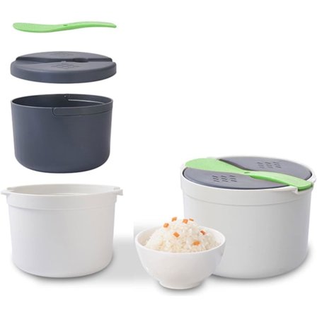 Mikrobølgeovn Riskoker, 2L Risdamper & Pastakoker med Sil, 2-Lags Mikrobølgeovn Grønnsaksdamper Non-stick (Grønn)