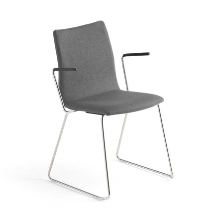 Conference chair OTTAWA with skid base and armrests, grey fabric, chrome