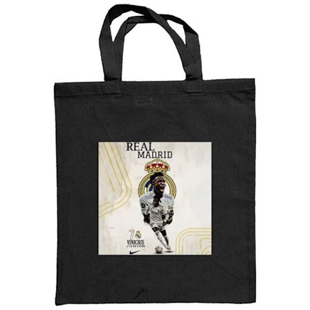 Stoffpose Real Madrid fotballplakat med Vinícius Júnior i drakt nummer 7 foran klubbemblem, energisk posering og kraftfull La Liga sportsdesign