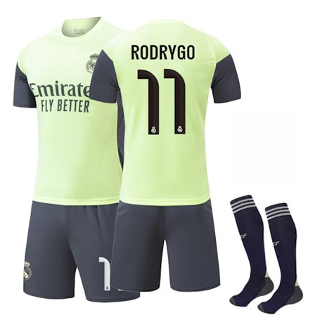 25-26 Real Madrid CF fluorescerende grønne træningssæt NO.11 RODRYGO Børn Voksen Fodboldudstyr med Sokker