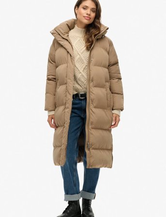 Superdry Longline Hooded Puffer Jacket - Beige - L