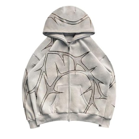 Rhinestone Hoodie Punk Sweatshirts Jakker Goth Harajuku Oversized Zip Up Hoodie Y2K Streetwear til Kvinder Mænd Gaver lysegrå S