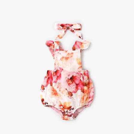 2st Baby Girl Allover Print Volanger Trim Ärmlös Romper & Pannband Set Colorful 0-3Months