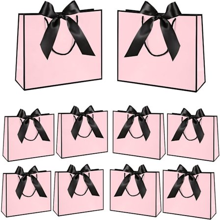 ING Papirgaveposer med sløjfe og håndtag, sæt med 10 i sort og rosa til bryllupper, babyshower, fødselsdage og festlige lejligheder