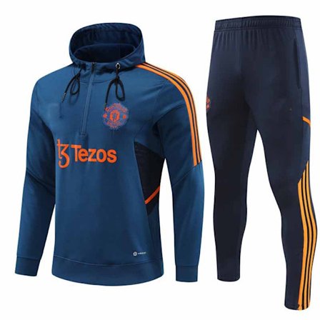 23-24 Manchester United Voksen Halv Zip Hættetrøje Tracksuit Blå