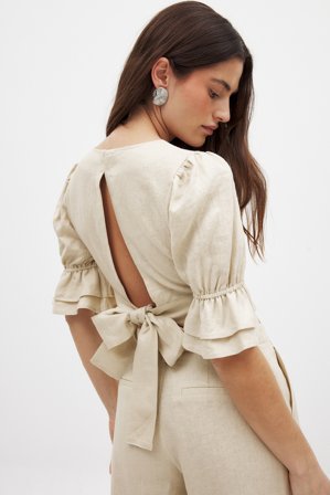 NA-KD Linen Tie Back Top - Tøj i linen - Beige - EU 44