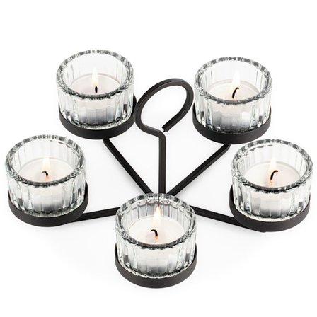 Musta metallinen kynttilänjalka lasisisäkkeillä 5 kynttilölle 21x21x12 cm