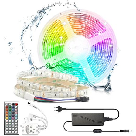 5M RGB LED-slinga - Dimbar SMD5050, 12V, 300 LED, IP65 Vattentät, Färgskiftande med IR-fjärrkontroll & Strömförsörjning RGB LED Strip Set(Endast IR)