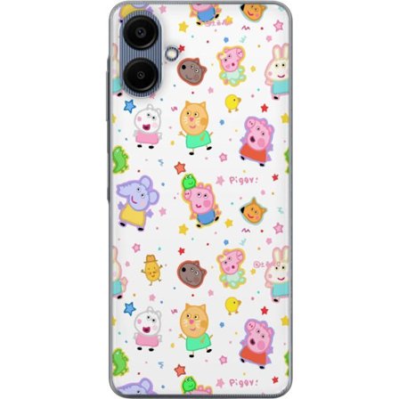 Kompatibel Mobilcover til Samsung Galaxy A06 Farverige tegneserie dyrekarakterer i en legende stil med stjerner og prikker på en lys baggrund