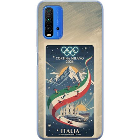 Yhteensopiva Puhelinkuori Xiaomi Redmi Note 9 4G Mäkihyppykuvitus, jossa hiihtäjä tähtää kiväärillä lumisella radalla, teksti Milano Cortina
