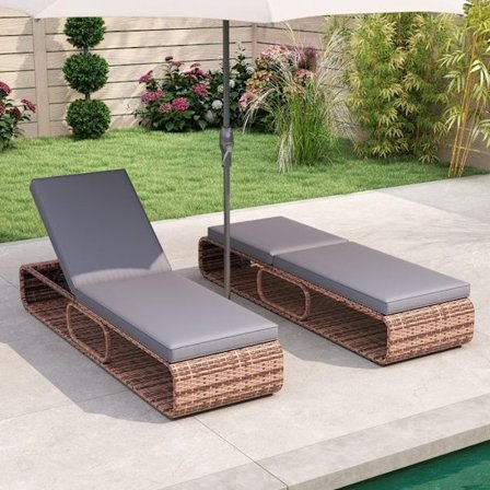 Udendørs Rattan PE COSTWAY Havestol, Justerbar Ryg, Liggestol med 7 Positioner, Opbevaring, Grå Pude