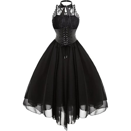 Ärmlös Gotisk Spetsklänning för Kvinnor 80-tals Festklänning Korsett Halter Spets Swing Cocktail Black