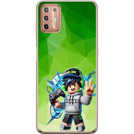 Kompatibelt Mobildeksel til Motorola Moto G9 Plus Roblox-inspirert gamerfigur med headset, håndkontroll og energiske effekter mot grønn bakgrunn