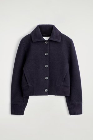 COS Women's Ribbed-Collar Boiled Merino Wool Jacket in Blue