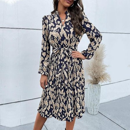 Dame Vår Plissert Trykk V-hals Langermet Snøring Høy Midje Kjole