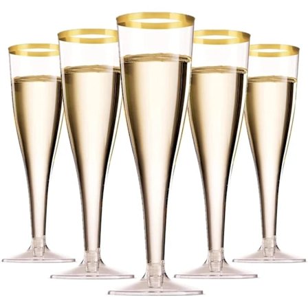 [CA] 50 stk Champagneglass med gullkanter 150ml, Gjenbrukbare Champagneglass med fot for hagebryllup, dagsfester, dusjfester (5 x 17cm)