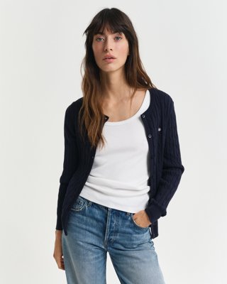 GANT - Bomullskabelstrikket cardigan med stretch til dame evening blue