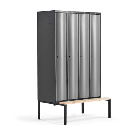 Kleiderspind CURVE mit Sitzbank, 4 Module/1 Tür, 2120 x 1200 x 550 mm, Silbergrau