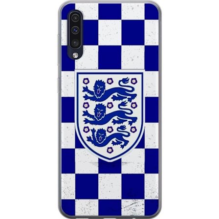 Kompatibel Mobilcover til Samsung Samsung Galaxy A50 Grafisk skakternet mønster i blåt og hvidt med et klassisk heraldisk emblem, retro-inspireret s