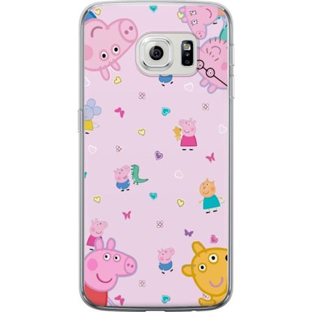 Kompatibelt Mobildeksel til Samsung Galaxy S6 edge Peppa Gris med en baby i armene, mamma gris motiv i fargerik og myk barneillustrasjon med hjerter