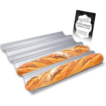 Fransk brødform, perforert baguetteform, baking av 4 baguetter, non-stick, 1 stk (sølv)