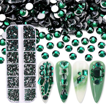 3600 st Nail Art för Rhinestone AB Rhinestones Beads Nail Gems Rundformade Flatback Gems Stones Dubbar 6 storlekar med låda Grön