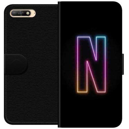 Kompatibel Tegnebogsetui til Huawei Huawei Y6 (2018) Minimalistisk neonbogstav N i farveskiftende lys mod sort baggrund