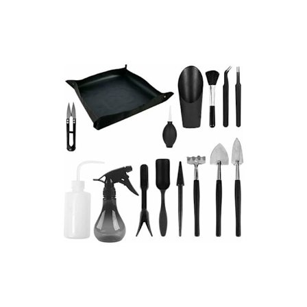 Succulent Plant Tool Kit, 14 Mini Hand Garden Tools + 1 Potting Mat, Indoor Plant Rake, Gardening Hand Tools, Black