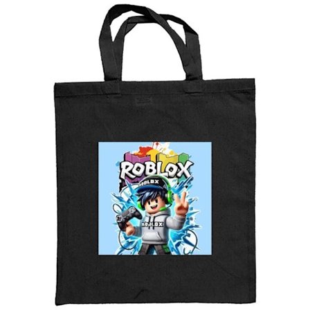 Stofpose Roblox-karakter med hovedtelefoner og spilcontroller, dynamisk pose med blå energiudladninger på lyse baggrund