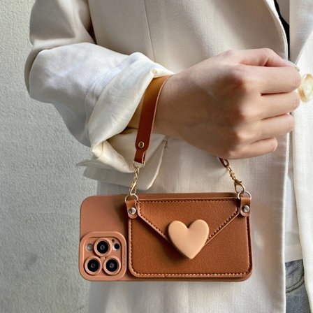 Fodral för iPhone15promax brun pupill korthållare kort handrem kärlek myntväska mjuk crossbody