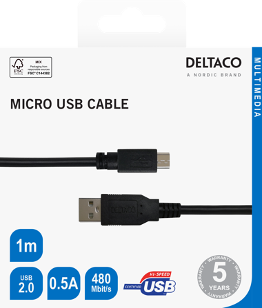 Deltaco USB 2.0 Micro B cable, 2.4A, 1m black