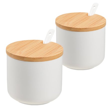 Nyt 2 overdekte hvite sukkerkopper, en 10-unse keramisk sukkerkopp, en saltspreder med lokk og skje, og en sukkerkopp med skje.