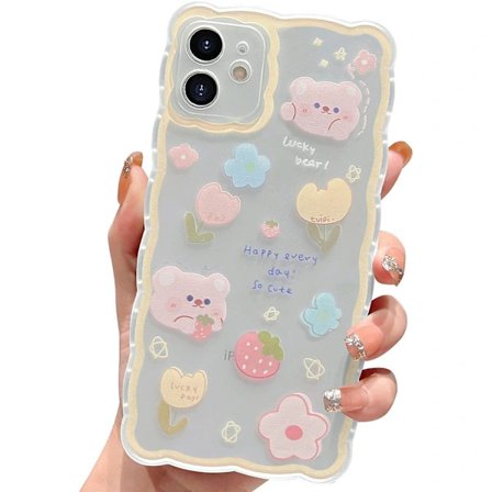 Kompatibel med iPhone 12 Cover Gul Bølge Æstetisk Sød Tegning Blomstret Og Bjørn Mønster Sød Klar Kvinder Piger Kawaii Slim Blød Tpu Transparent Tel..