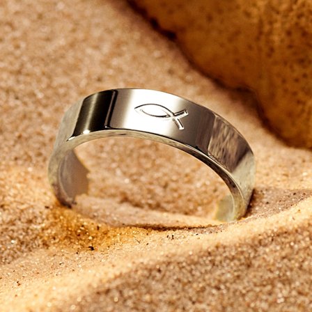 Unity | 6 mm Silver-tone Stainless Steel Ichthus Ring for Men - Steel rings