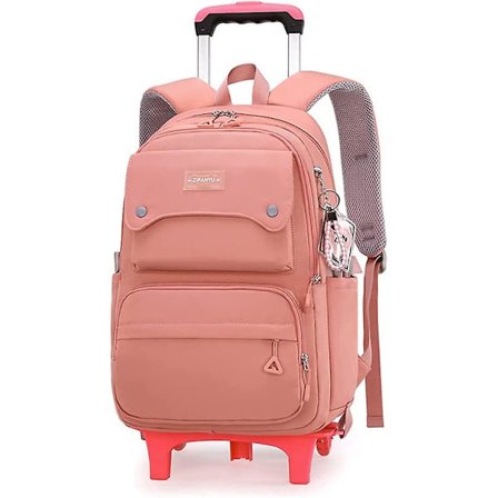 Enfärgade flickor rullande ryggsäck med hjul Skolväska Elementary School Student Trolley Daypack Outdoor Travel Bag
