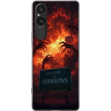 Kompatibelt Mobildeksel til Sony Xperia 5 V Mørk apokalyptisk fantasi-scene med brennende himmel og Hawkins-skilt i Stranger Things-stil