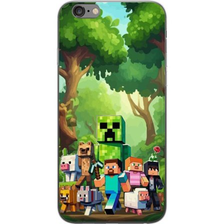 Kompatibelt Mobildeksel til Apple iPhone 6 Plus Blokkete pikselerte spillverden med grønne figurer og dyr i frodig skogsmiljø