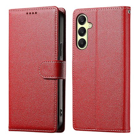 For Samsung Galaxy A17 5G Case Magnetic Closure Litchi Texture Leather Wallet Phone Case with Wrist Strap Red
