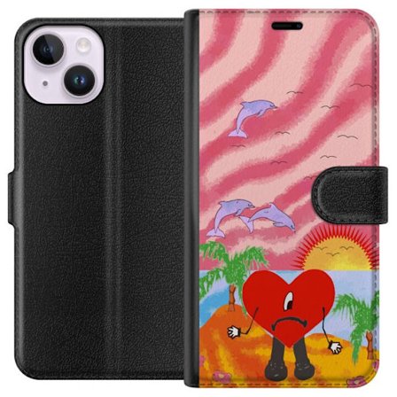 Kompatibelt Lommeboketui til Apple iPhone 15 Bad Bunny i en fargerik quiltet jakke med hjertemønster og solbriller i moderne gatestil