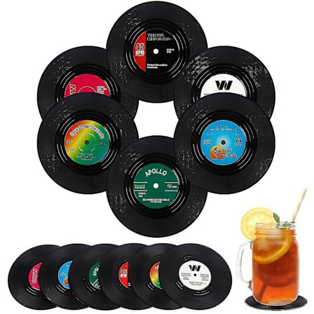 Glassbrikker 12 stykker Vinyl Record Brikker Retro Drikkebrikker Rund Kopp