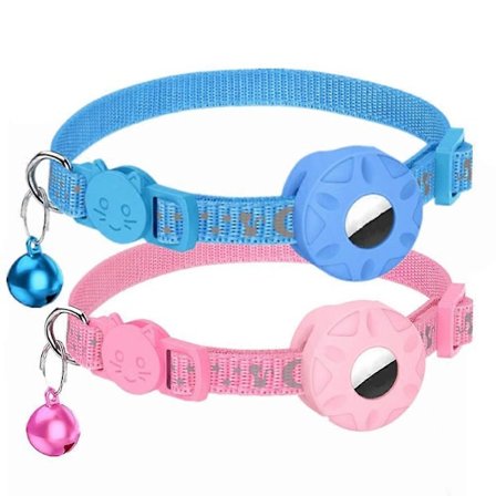 2 Airtag Starmoon Kattehalsbånd (blå+rosa, ekskludert Airtag), kattespessifikt halsbånd med sikkerhetsbelte og vanntett luftmerkeholder, 1 cm bredt, 