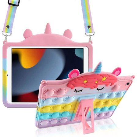 Ipad 10.2 Etui Ipad 9. 8. 7. Generasjon Etui Med Støtte Lanyard Nøkkelring Silikon Fidget Boble Etui For Jenter Kvinner Søt Regnbue Pop