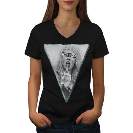 Girl Lick Finger Sexig Dam T-shirt med svart v-ringad hals XXL