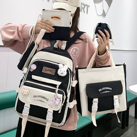 Skolerygsæk til piger, skoletaske til mellemtrinnet, sød rygsæk til indskolingen, stor kapacitet, let rygsæk - sort