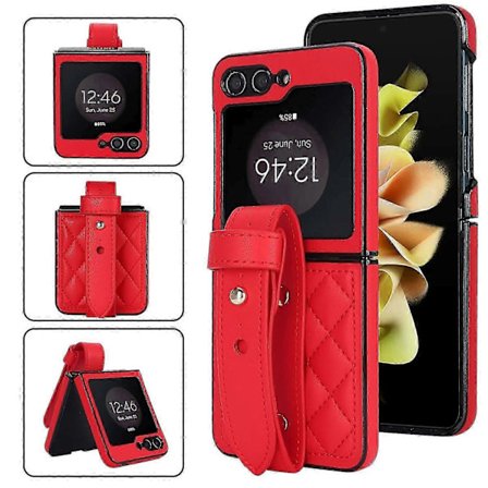 Skal för Samsung Galaxy Z Flip 6 med handledsrem, tunt slimmat stöttåligt hårt skal robust skyddsfodral i PU-läder