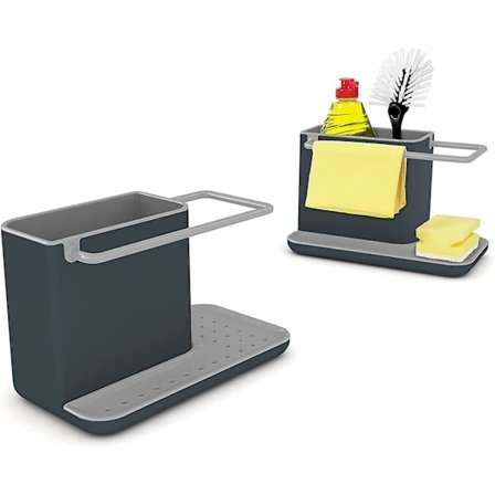 Diskbänksförvaring/ organizer med integrerad avloppsbehållare, hållare för svamp, borste, diskmedel och disktrasa, avtagbar, normalstorlek, grå